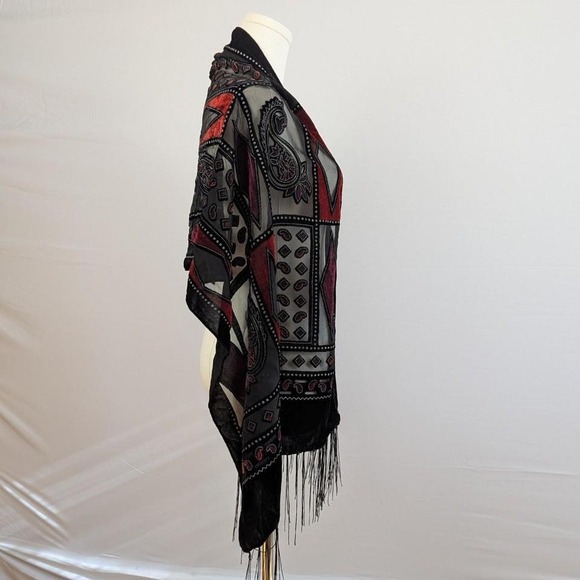 Vintage 90s Silk Viscose Paisley Geometric Fringe Shawl - Picture 3 of 5